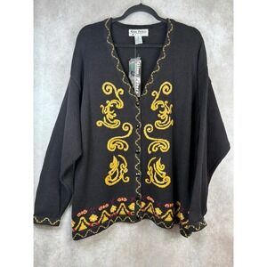 NWT VTG 90s Gina Peters Woman Cardigan 2X Black Gold Embroidered V-Neck Metallic